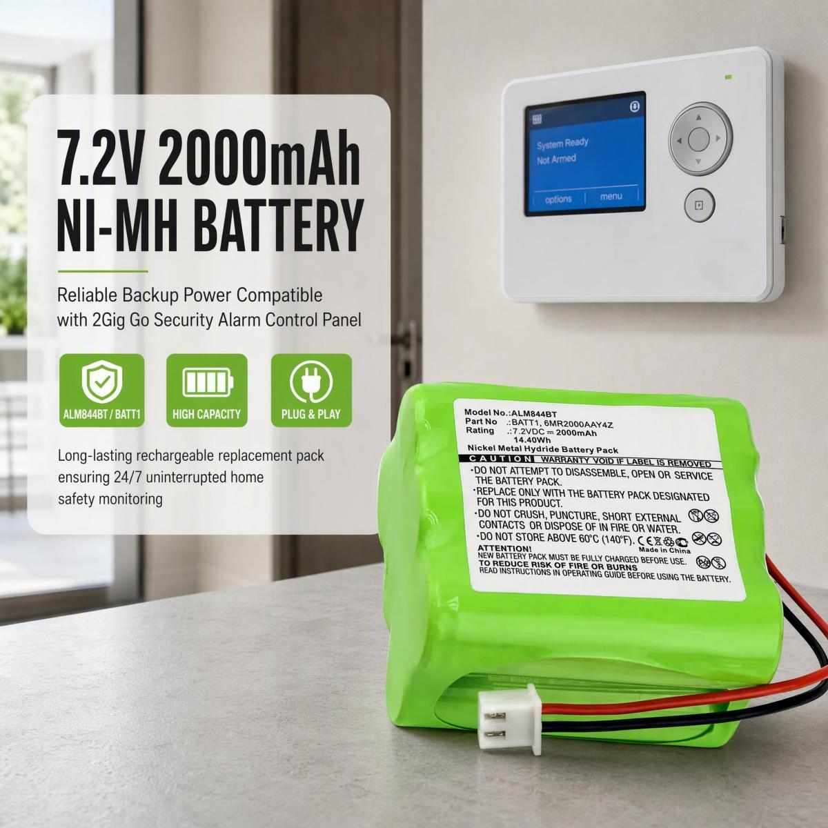 Home Security Battery Replacement - ALM844BT 7.2V 2000mAh Ni-MH Rechargeable Replacement